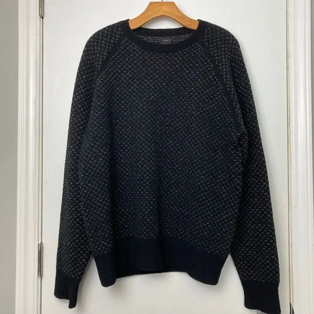 J. Crew Men's 100% Lambswool Pullover Sweater Crewneck Black/Grey Birdseye sz‎ L